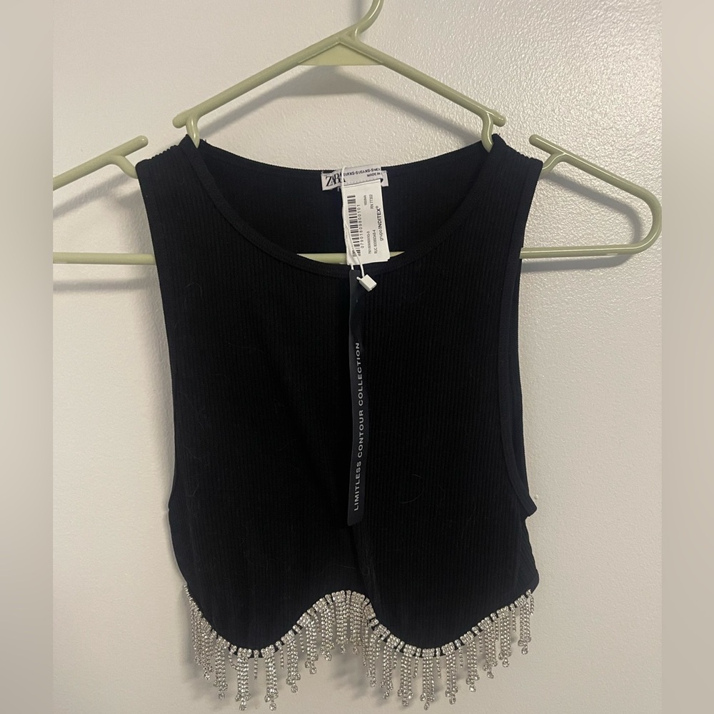 Zara Black Tank Top with Fringe Detail